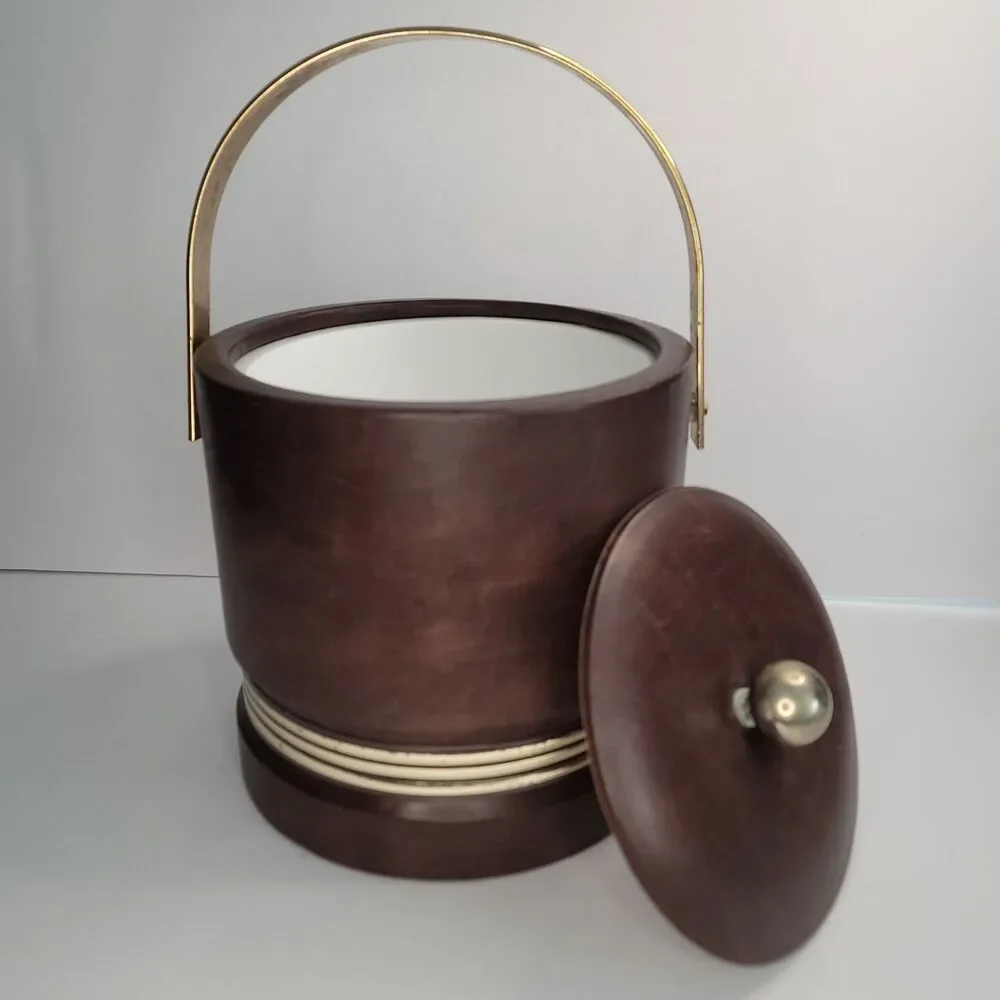 Vintage MCM Brown Vinyl Ice Bucket High Rise Brass Handle Retro Barware 8 In